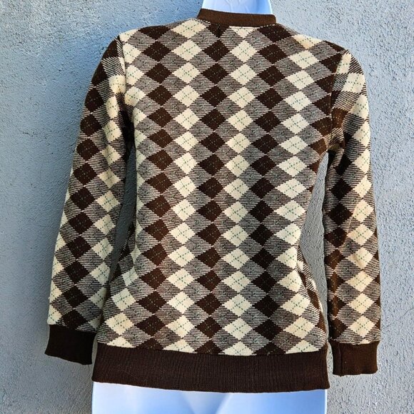1970s Japan Knit Cardigan XS Argyle Brown Cream V-Neck Button Front - Picture 5 of 12